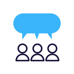 Group communication icon with three people and speech bubble, vector illustration symbol for team discussion, collaborative ideas, and social interaction concept