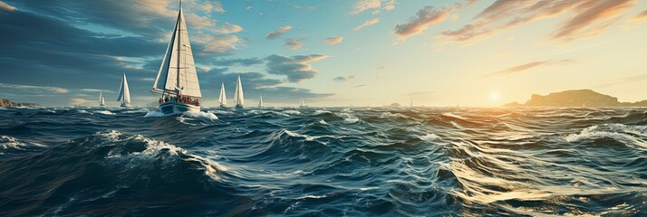 Regatta of sailing ships with white sails on the high seas. Aerial view of a sailboat in a windy state, Summer journey, Generative AI - Powered by Adobe
