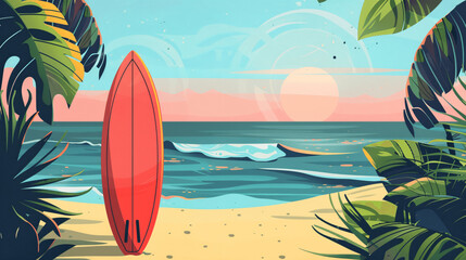 Fototapeta na wymiar A graphic design featuring a surfboard resting on a tropical beach with an abstract background, Generative AI.