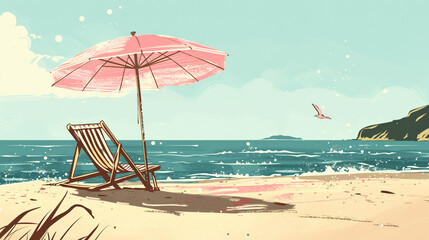 A retro summer holiday scene with a pink umbrella parasol casting shade over a beach chair on sandy shores, Generative AI.