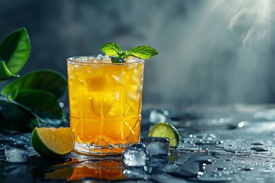 Refreshing Mai Tai cocktail on ice with lime and mint against gray backdrop