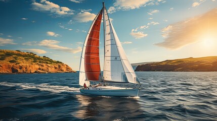 Regatta of sailing ships with white sails on the high seas. Aerial view of a sailboat in a windy state, Summer journey, Generative AI - obrazy, fototapety, plakaty