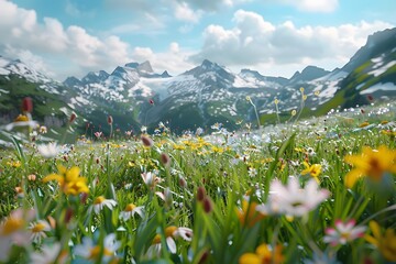a visual odyssey through a serene alpine meadow, where wildflowers sway in the gentle breeze against a backdrop of snow-capped peaks, captured in exquisite 8K detail. - obrazy, fototapety, plakaty