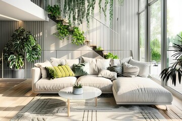 Contemporary living room blending modern design with touches of greenery and pastel colors...