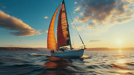 Zelfklevend Fotobehang Regatta of sailing ships with white sails on the high seas. Aerial view of a sailboat in a windy state, Summer journey, Generative AI © Анатолий Савицкий
