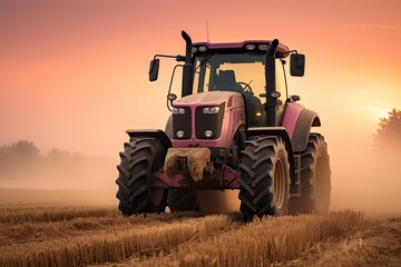 Fototapeta premium Pink tractor gracefully plows through the golden fields, painting a picture of harmony between man, machine, and nature