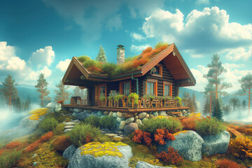 Depth of field stylish colorful summer exterior concept with wooden cabin house. Generative AI