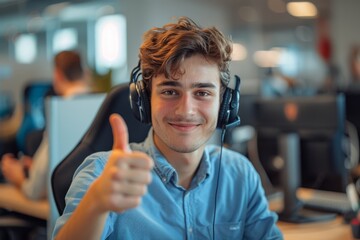 Positive male customer service representative giving a thumbs up in a busy office