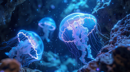 Bioluminescent jellyfish floating in a mystic cave with crystal formations serene and otherworldly