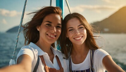Happy friends taking selfie on yacht. Young women enjoy travel, vacation, travel on boat yacht...