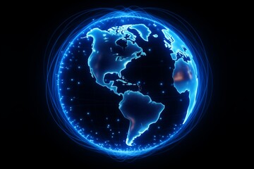 A globe glowing blue stands out against a dark background.