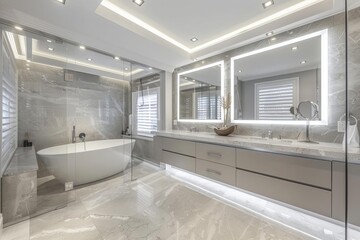 Fototapeta na wymiar Elegant bathroom design featuring sleek grey marble Contemporary led lighting A stylish double vanity And a luxurious freestanding tub