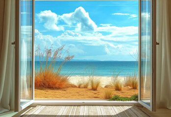White empty room with sea landscape in window. Interior mockup. Generative AI