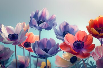 beauty of anemones, their colorful petals dancing in the breeze against a refined and uncomplicated solid color background, all portrayed in ultra-realistic 16k resolution. - obrazy, fototapety, plakaty