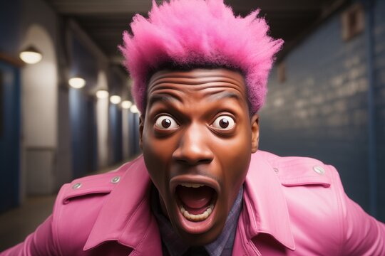 The pink haired man appears surprised, his eyes wide and his mouth hanging open.