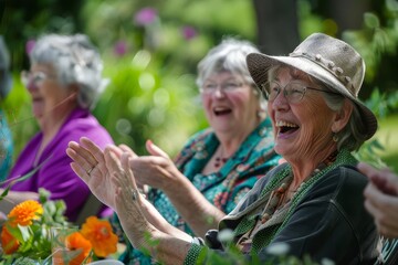 Gathering of joyful senior women in a vibrant garden setting
