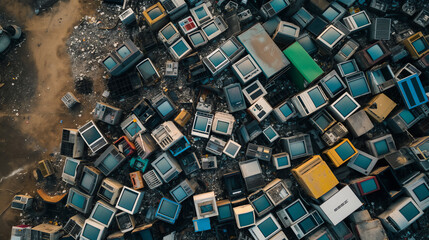 An overhead shot capturing the chaos of a massive electronic waste dumpsite filled with discarded monitors - obrazy, fototapety, plakaty