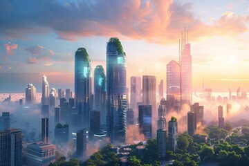 Futuristic urban panorama Dawn in a technologically advanced city Holographic displays Autonomous vehicles Skyscrapers with integrated greenery Early morning fog And soft sunrise lighting