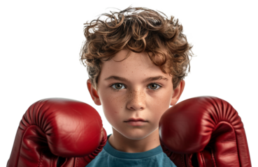 Youthful boxer in red gloves ready for athletic training, cut out - stock png.