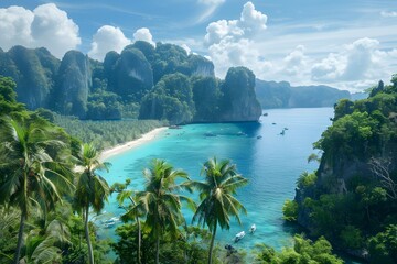 breathtaking image of a tropical paradise, where palm-fringed beaches meet turquoise waters, and...