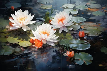 Foto op Canvas A painting depicting water lilies floating on the surface of a pond, surrounded by lush greenery. © Oleksandr