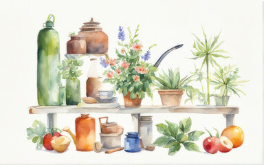 The concept of gardening in watercolor style. Garden supplies.