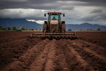 Obraz premium Amidst a vast field, a tractor with a plow attachment methodically turns the soil, preparing it for the next planting season