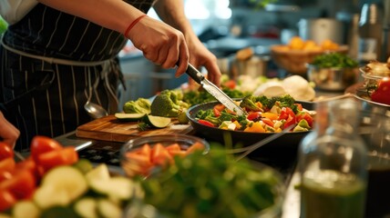Close-up of hands chopping a colorful array of fresh vegetables, preparing a healthy salad in a sunlit kitchen, with an emphasis on clean eating and nutrition.