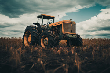 Obraz premium An old, sturdy tractor stands in a field, showcasing the timeless beauty of agricultural machinery against a dramatic sky