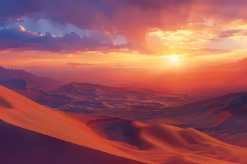 Foto op Canvas breathtaking sunset panorama over a vast, untouched desert landscape, where the warm hues of the sky meet the silhouettes of sand dunes, unfolding in cinematic 16k realism. © Ghouri