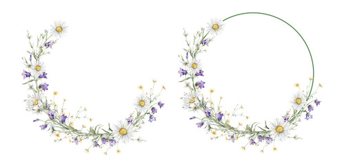 Wreath of yellow and white flower meadow, forest flowers. Watercolor hand painting illustration on isolate. Circlet of flowers with daisy or chamomile and violet bluebell. Botanical summer wildflower. - obrazy, fototapety, plakaty
