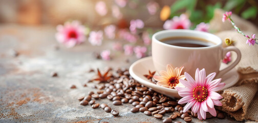 Obraz na płótnie Canvas A Cup of Coffee and Coffee Beans