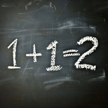 The math equation 1+1 = 2 written on a chalkboard 