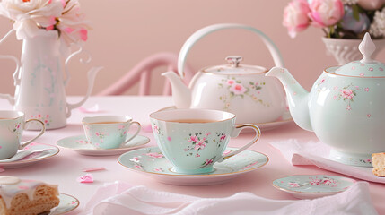 Soft lighting enhances the delicate pink hues of a stylish tea set arrangement, served with tempting pastries on the side. Peaceful moment with a cup of tea surrounded by charming pastel colors.