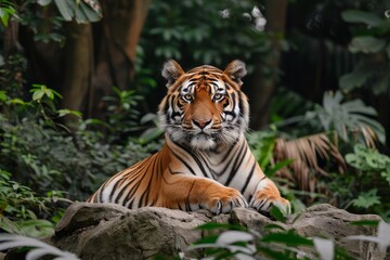Majestic tiger lounging on a rock Surrounded by a lush forest