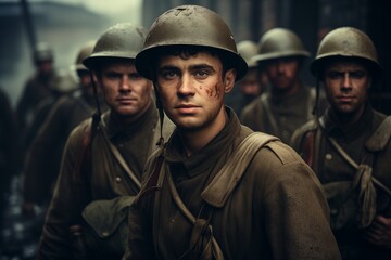 Fototapeta premium A group of men in uniforms standing aligned next to each other, showcasing unity and teamwork.