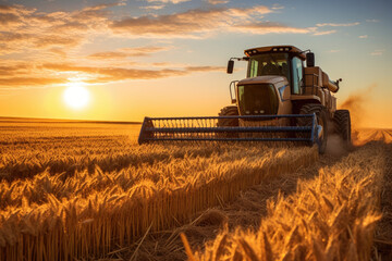 Fototapeta premium A combine harvester cuts through a wheat field at sunset, with the golden sunlight casting a warm glow over the landscape