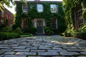 charming colonial-style home exterior, with ivy-covered walls, a cobblestone pathway, and timeless architectural details, presented in 16k ultra HD splendor.