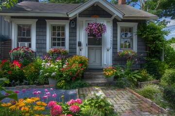Fototapeta na wymiar charming cottage exterior with vibrant flowers adorning the entrance, capturing the essence of simplicity and beauty in 16k ultra HD splendor.