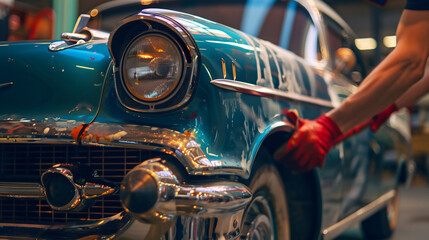 Detailing expert hand-washing a classic car covered in soap suds, focusing on chrome details and headlights - obrazy, fototapety, plakaty