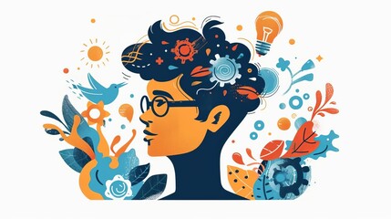 Fototapeta premium Man developing her emotional intelligence. Concept exploring the mind, self-discovery, introspection, thinking process. Flat illustration