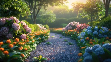 Golden Sunset Over a Serene Garden Path with Vibrant Flowers