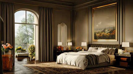 Luxurious Bedroom with Elegant Bedding, Classical Furniture, and Soft Lighting for a Rich, Comfortable Space