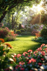 Romantic Rose Garden with a Lush Green Lawn and Sunbeam Canopy