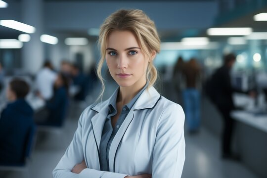 A doctor in a white coat stands in a moving medical facility and poses for the camera.