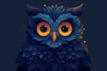 A surprised owl with big eyes and blue feathers. Yellow surrounds its eyes. The background is blue. Suitable for children's books or healthcare settings.