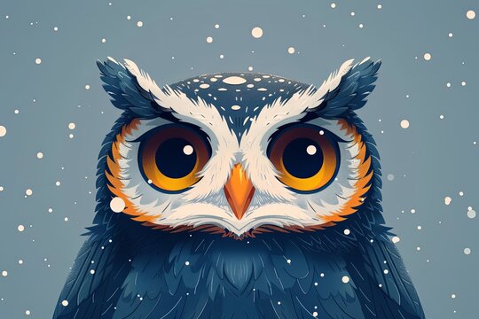 An illustration shows a wide-eyed owl with blue, yellow, and white feathers, surrounded by white spots resembling snow. Perfect for children's books or healthcare settings, adding whimsy and charm.