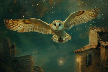 A caring owl flies past houses, glimpsing a yellow light. Its gentle smile delivers medicine under the starry sky, radiating comfort and care. - obrazy, fototapety, plakaty