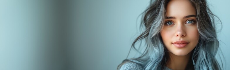 Beautiful girl model with long coloured hair, in the style of light gray