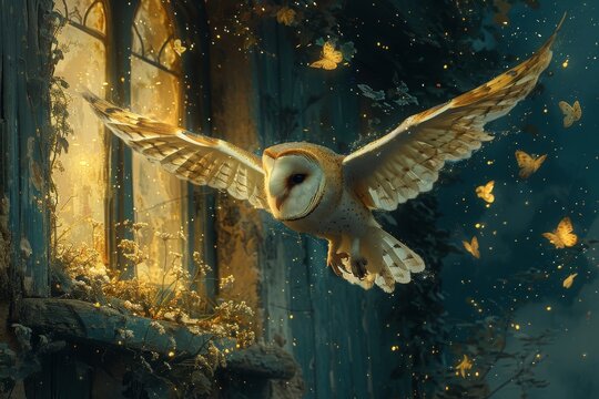 A wise owl flies past a window with yellow light, under the starry sky, radiating comfort and care.